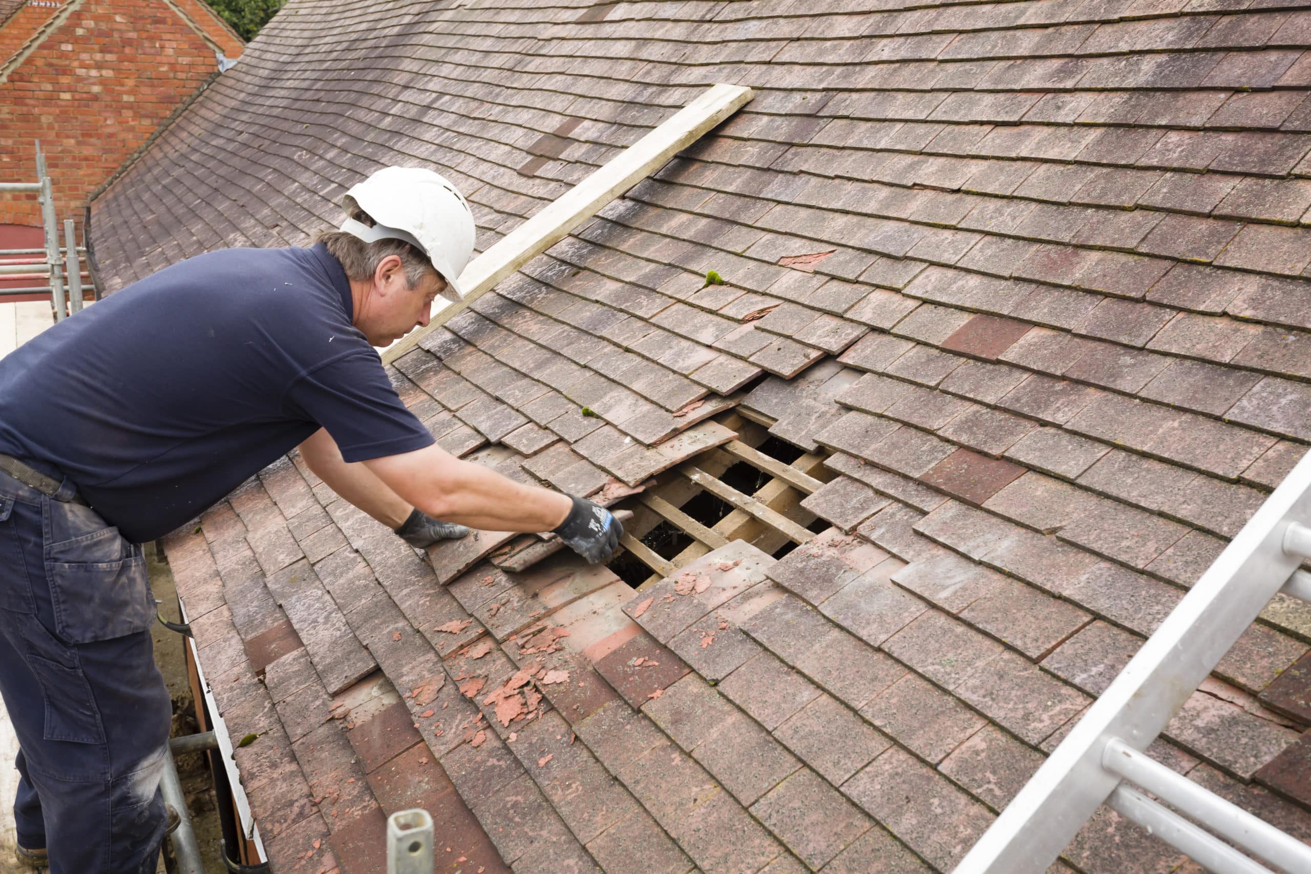 Experienced Roofer Checking Damaged Roof. Choosing a Reliable Contractor in Sumner County, TN