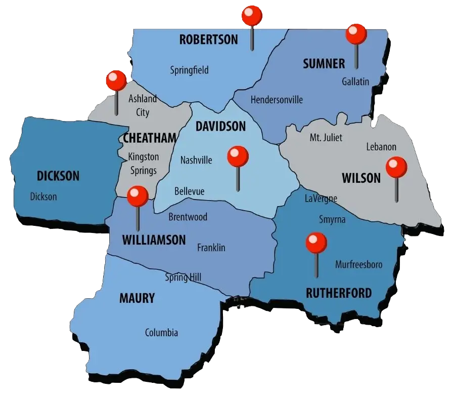 Middle Tennessee County Map - Residential Roofing Services Middle Tennessee - Sumner Roofing and Exteriors