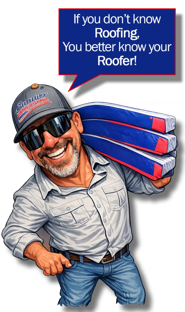 Image of Roofer carring shingles and saying "If you don't know roofing, you better know your roofer"